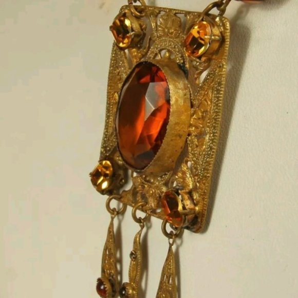 ART DECO CZECH Necklace 1930s Signed Lavalier TOPAZ CITRINE PASTE 15 in Choker - Picture 6 of 12